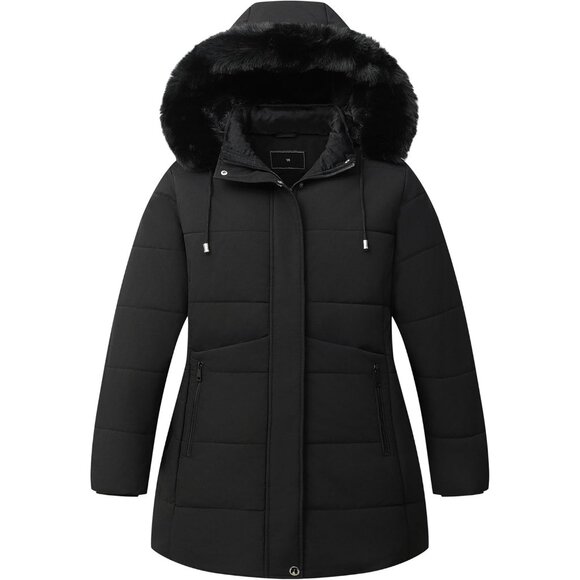 Women's Winter Warm Waterproof Black Down Detachable Hooded Jacket Coat